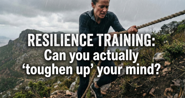 A woman with a determined expression climbs a steep, rocky mountain face using a rope in the rain. Overlaid text reads "RESILIENCE TRAINING: Can you actually 'toughen up' your mind?".