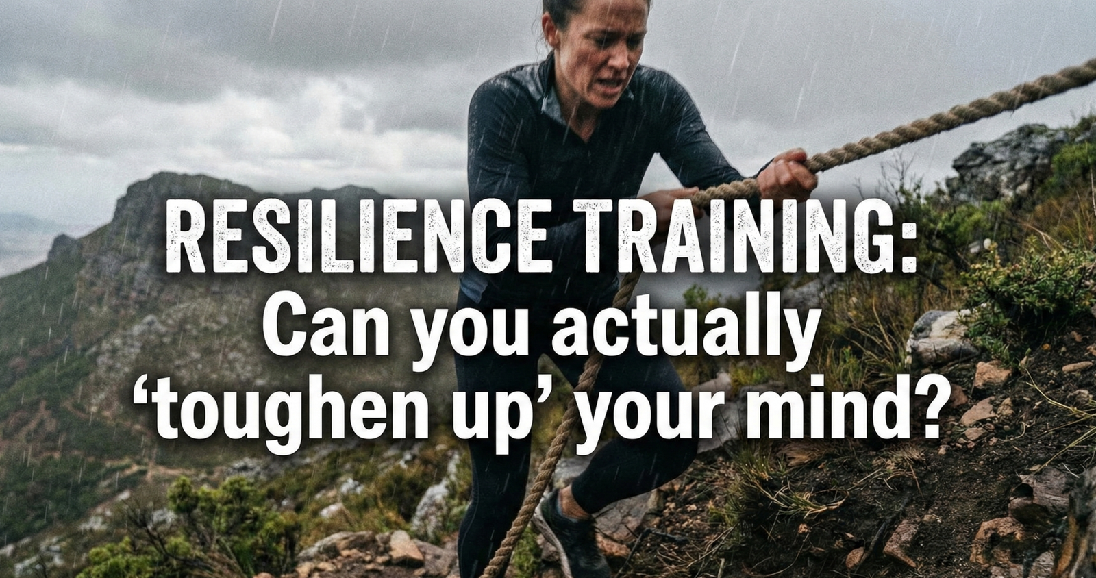 A woman with a determined expression climbs a steep, rocky mountain face using a rope in the rain. Overlaid text reads "RESILIENCE TRAINING: Can you actually 'toughen up' your mind?".
