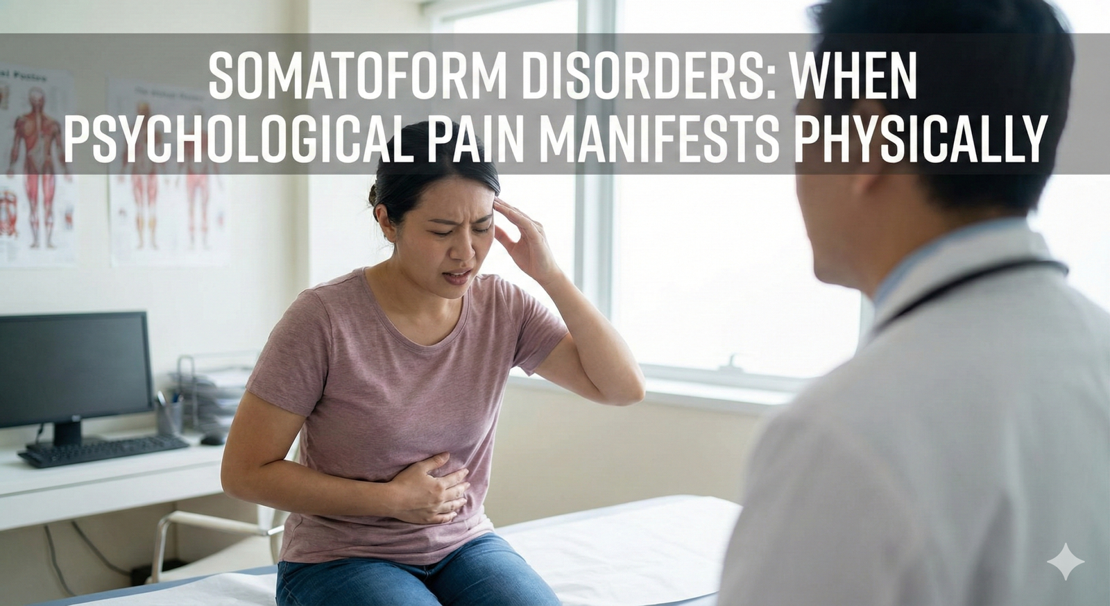 A distressed patient holding their head and stomach while consulting a doctor, illustrating Somatoform Disorders where psychological pain manifests as physical symptoms.