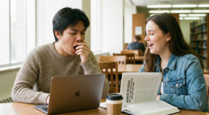 Realistic photo of a male student yawning in a university library while looking at a laptop. A female student next to him holds an open book displaying the text "MIRROR NEURONS: WHY YOU YAWN WHEN YOU SEE SOMEONE ELSE YAWN".