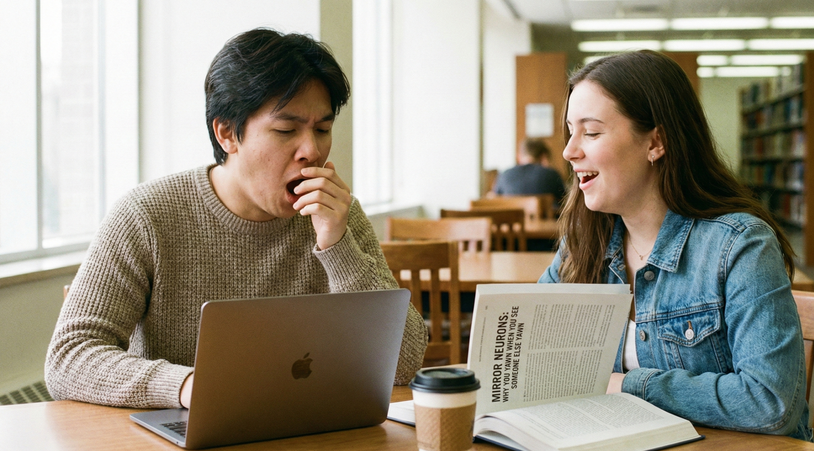 Realistic photo of a male student yawning in a university library while looking at a laptop. A female student next to him holds an open book displaying the text "MIRROR NEURONS: WHY YOU YAWN WHEN YOU SEE SOMEONE ELSE YAWN".