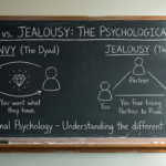 A photograph of a school chalkboard with handwritten white chalk text and diagrams illustrating the psychological difference between envy and jealousy. The title reads "ENVY vs. JEALOUSY: THE PSYCHOLOGICAL ROOTS". Below it are two sections: "ENVY (The Dyad)" with a diagram of two people and an object, and "JEALOUSY (The Triad)" with a diagram of three people labeled "You," "Partner," and "Rival." The bottom text reads "Formal Psychology - Understanding the different roots."