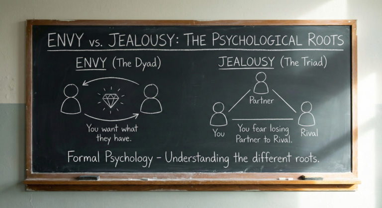 A photograph of a school chalkboard with handwritten white chalk text and diagrams illustrating the psychological difference between envy and jealousy. The title reads "ENVY vs. JEALOUSY: THE PSYCHOLOGICAL ROOTS". Below it are two sections: "ENVY (The Dyad)" with a diagram of two people and an object, and "JEALOUSY (The Triad)" with a diagram of three people labeled "You," "Partner," and "Rival." The bottom text reads "Formal Psychology - Understanding the different roots."