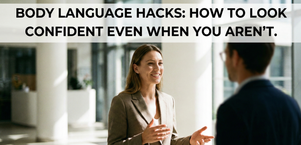 A professional woman in a blazer with open, confident body language and a smile, conversing with a man in a modern office lobby.