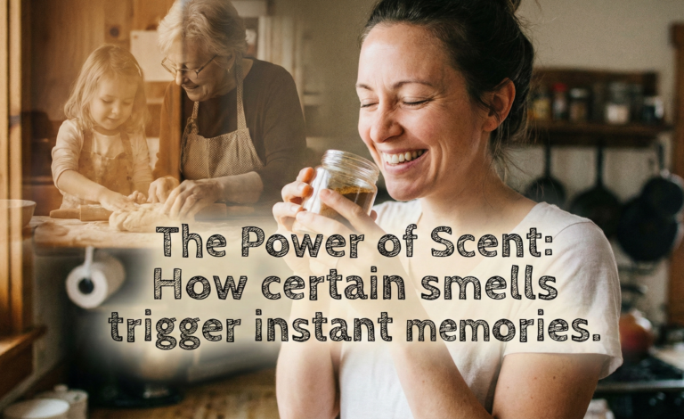 A realistic photo of a woman in a kitchen smiling warmly with her eyes closed as she smells a jar of spices. To her left, a faded, sepia-toned "memory" overlay appears, showing a young child baking with an elderly woman. The text "The Power of Scent: How certain smells trigger instant memories." is centered at the bottom in a clean, dark font.