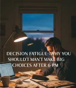 A tired man sitting at a desk late at night under a lamp, appearing overwhelmed by paperwork and digital devices, representing the psychological concept of decision fatigue.
