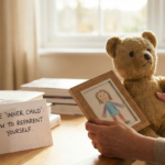 A warm, therapeutic setting featuring a vintage teddy bear held by an adult, a child's crayon drawing in a frame, and a card on a wooden table with the text "The Inner Child: How to Reparent Yourself."