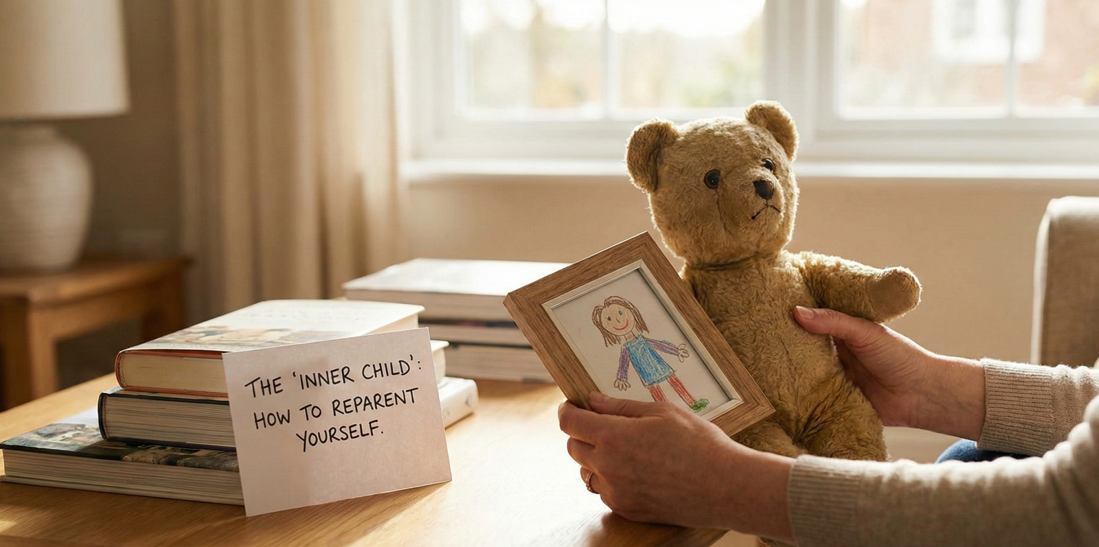 A warm, therapeutic setting featuring a vintage teddy bear held by an adult, a child's crayon drawing in a frame, and a card on a wooden table with the text "The Inner Child: How to Reparent Yourself."