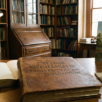 A photograph of a leather-bound book on a wooden desk with the title "DEFENSE MECHANISMS: FROM PROJECTION TO SUBLIMATION" embossed on its cover. To the left, a small sculpture casts a large, monstrous shadow on the wall, and to the right, a lump of clay and sculpting tools sit next to a finished oil painting. The background is a library filled with bookshelves.