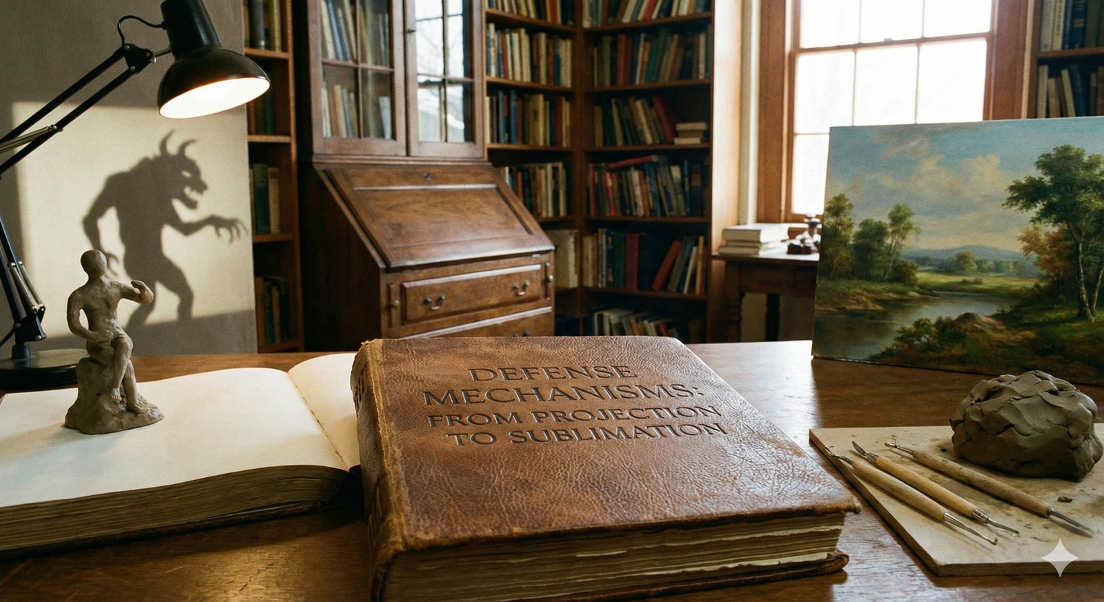 A photograph of a leather-bound book on a wooden desk with the title "DEFENSE MECHANISMS: FROM PROJECTION TO SUBLIMATION" embossed on its cover. To the left, a small sculpture casts a large, monstrous shadow on the wall, and to the right, a lump of clay and sculpting tools sit next to a finished oil painting. The background is a library filled with bookshelves.