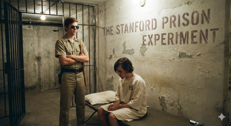 Cinematic recreation of the Stanford Prison Experiment showing a guard in sunglasses watching a prisoner, with the study title painted on the wall.