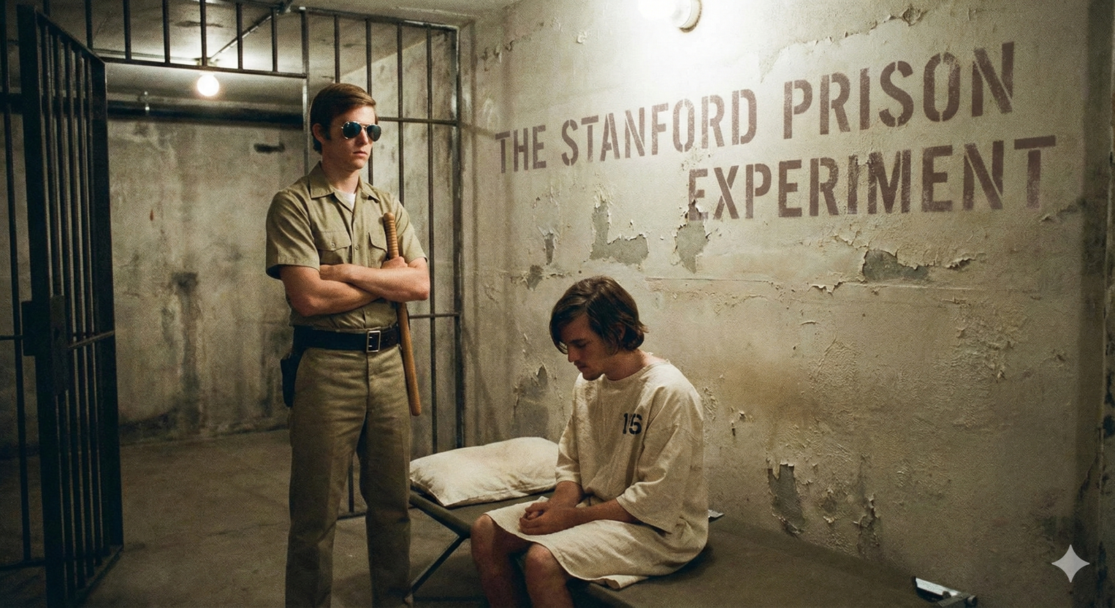 Cinematic recreation of the Stanford Prison Experiment showing a guard in sunglasses watching a prisoner, with the study title painted on the wall.