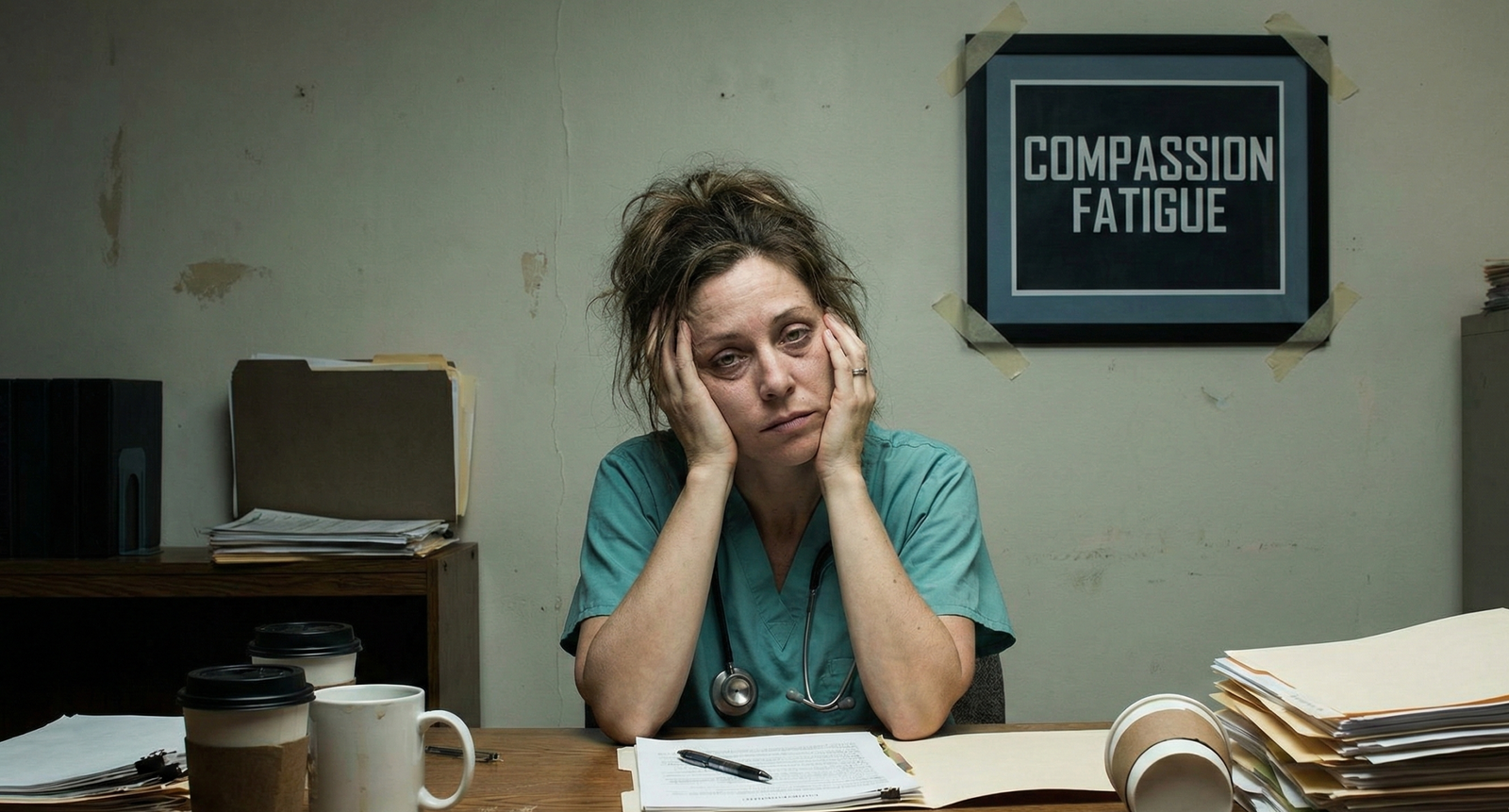 A female psychologist sitting at her desk rubbing her temples, illustrating emotional exhaustion and the signs of compassion fatigue after caring for clients.