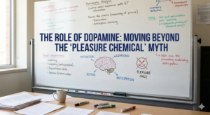 A white dry-erase board in a research setting, featuring the handwritten title "THE ROLE OF DOPAMINE: MOVING BEYOND THE 'PLEASURE CHEMICAL' MYTH". Below the title is a diagram of a brain with arrows pointing to "MOTIVATION," "LEARNING," "ACTION," and "ANTICIPATION," contrasting with a crossed-out smiley face labeled "PLEASURE ONLY". Other handwritten notes and definitions are visible around the main diagram.
