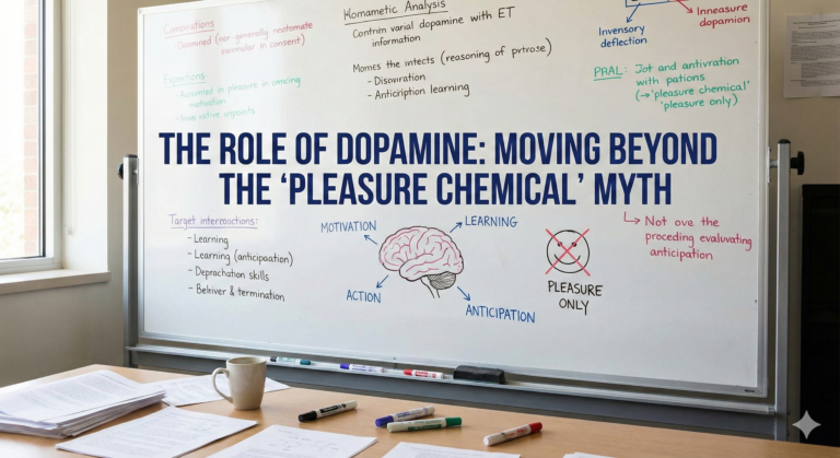 A white dry-erase board in a research setting, featuring the handwritten title "THE ROLE OF DOPAMINE: MOVING BEYOND THE 'PLEASURE CHEMICAL' MYTH". Below the title is a diagram of a brain with arrows pointing to "MOTIVATION," "LEARNING," "ACTION," and "ANTICIPATION," contrasting with a crossed-out smiley face labeled "PLEASURE ONLY". Other handwritten notes and definitions are visible around the main diagram.