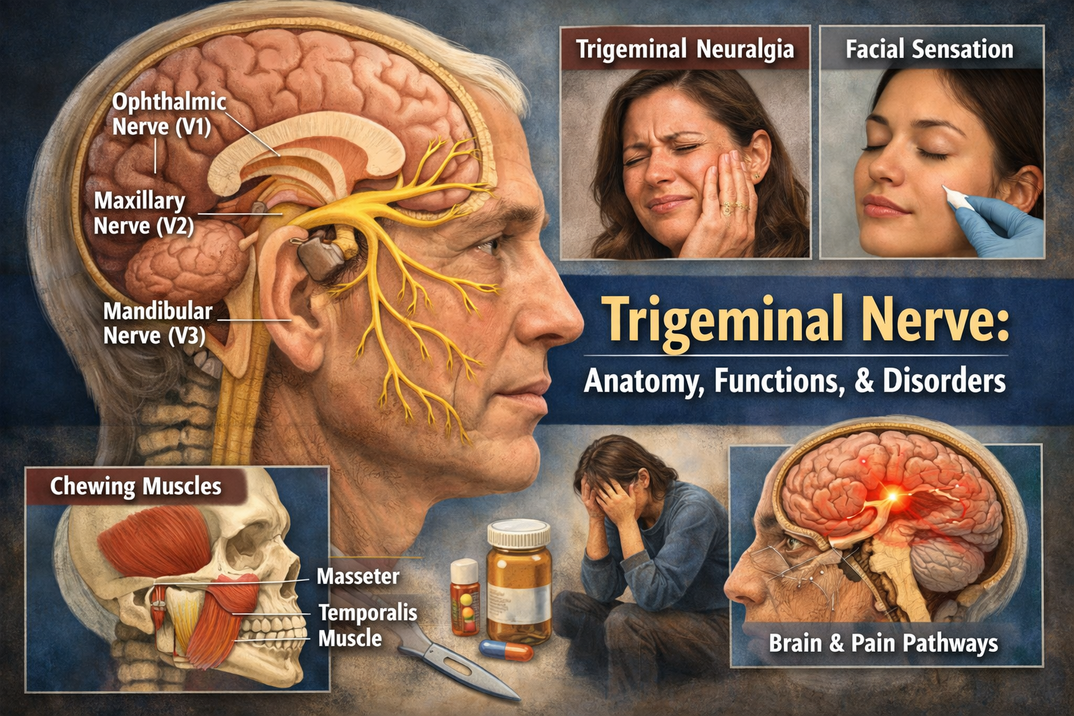 Medical illustration of the trigeminal nerve showing its three branches (ophthalmic, maxillary, and mandibular) and its role in facial sensation, chewing muscles, and trigeminal neuralgia pain pathways.