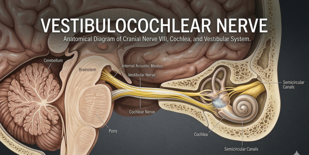 Detailed anatomical diagram of the vestibulocochlear nerve showing its pathway from the inner ear, including the cochlea and semicircular canals, to the brainstem.