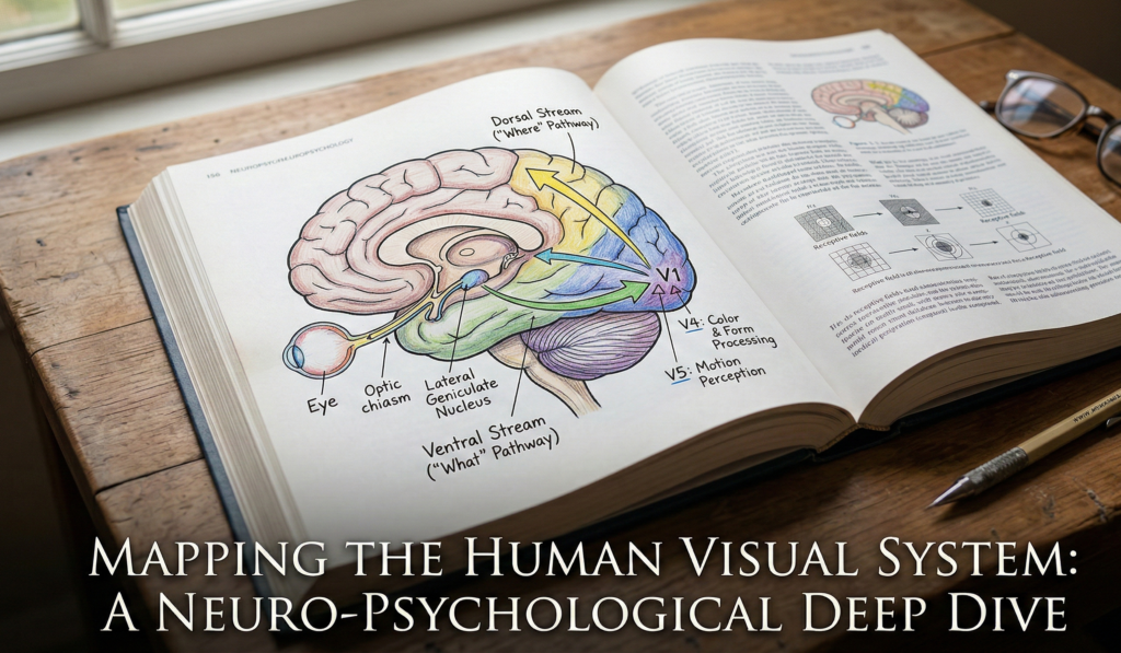An open textbook on a wooden desk displaying a detailed anatomical diagram of the human visual system, including the optic chiasm, occipital lobe, and the dorsal and ventral streams. The text "Mapping the Human Visual System: A Neuro-Psychological Deep Dive" is overlaid at the bottom.