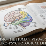 An open textbook on a wooden desk displaying a detailed anatomical diagram of the human visual system, including the optic chiasm, occipital lobe, and the dorsal and ventral streams. The text "Mapping the Human Visual System: A Neuro-Psychological Deep Dive" is overlaid at the bottom.