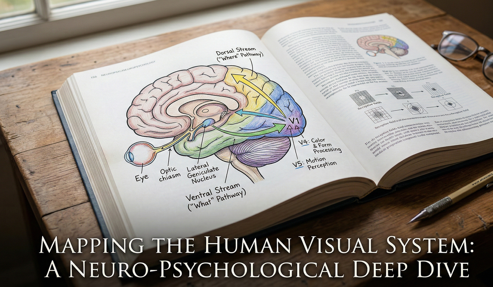 An open textbook on a wooden desk displaying a detailed anatomical diagram of the human visual system, including the optic chiasm, occipital lobe, and the dorsal and ventral streams. The text "Mapping the Human Visual System: A Neuro-Psychological Deep Dive" is overlaid at the bottom.