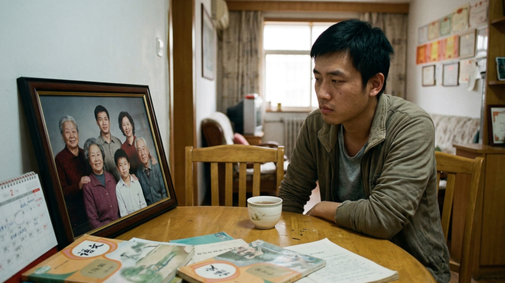 A young Chinese man looking thoughtfully at a framed family portrait of his parents and four grandparents, representing the 4-2-1 family structure and the trauma of China's One-Child Policy.
