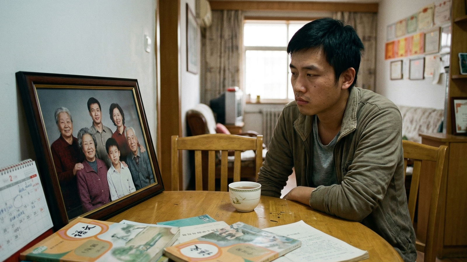 A young Chinese man looking thoughtfully at a framed family portrait of his parents and four grandparents, representing the 4-2-1 family structure and the trauma of China's One-Child Policy.