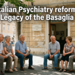 A candid photo of six Italian senior citizens sitting on stone benches and talking in a historic town square, in front of a building plaque that reads, 'CENTRO DI SALUTE MENTALE - 1978 -'. Large text above them says, 'Italian Psychiatry reform: The Legacy of the Basaglia Law'.