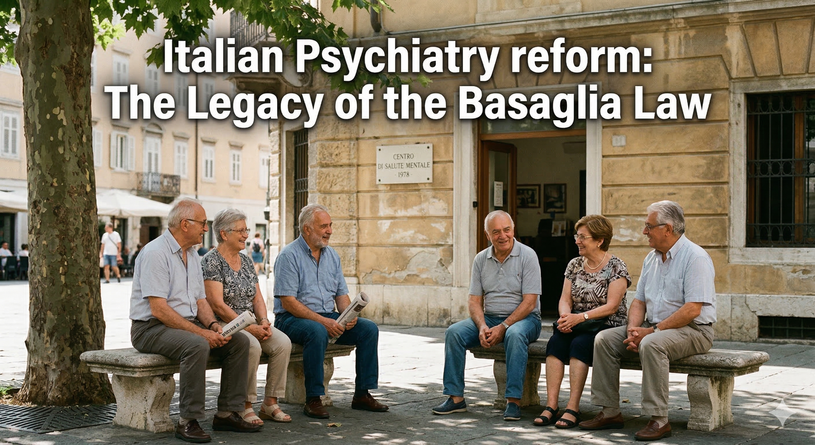 A candid photo of six Italian senior citizens sitting on stone benches and talking in a historic town square, in front of a building plaque that reads, 'CENTRO DI SALUTE MENTALE - 1978 -'. Large text above them says, 'Italian Psychiatry reform: The Legacy of the Basaglia Law'.