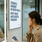 A young woman looking thoughtfully at her face in a brightly lit clinic mirror, sitting next to a sign that reads "Cosmetic Surgery in South Korea: Body Image and Societal Pressure."