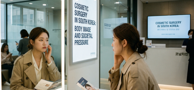 A young woman looking thoughtfully at her face in a brightly lit clinic mirror, sitting next to a sign that reads "Cosmetic Surgery in South Korea: Body Image and Societal Pressure."