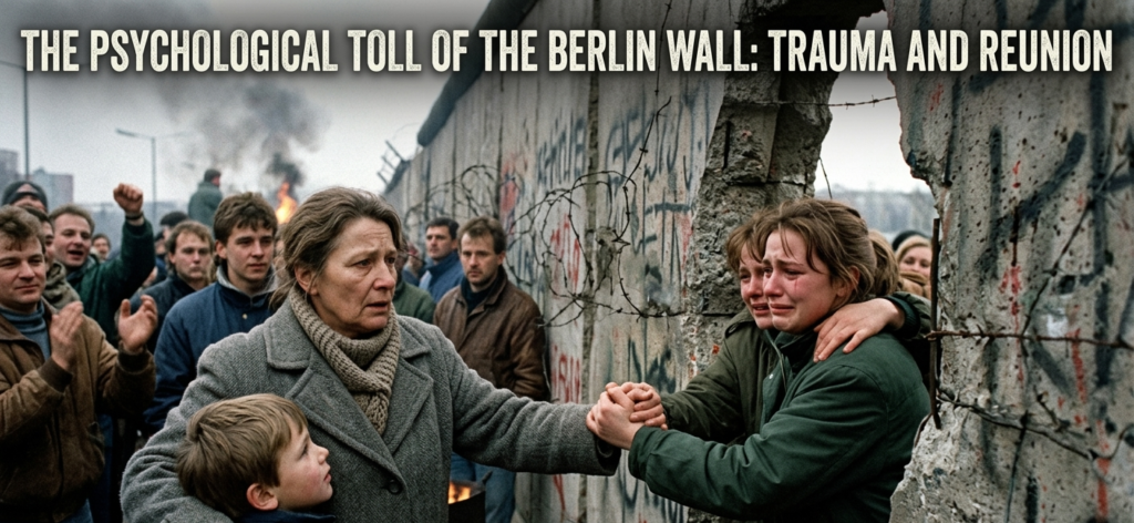 A poignant scene of family members reaching through a jagged hole in the Berlin Wall to hold hands. A crying young woman on one side grasps the hands of a solemn woman and child on the other, representing the emotional trauma and relief of reunification. The article title is written across the top.