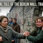 A poignant scene of family members reaching through a jagged hole in the Berlin Wall to hold hands. A crying young woman on one side grasps the hands of a solemn woman and child on the other, representing the emotional trauma and relief of reunification. The article title is written across the top.