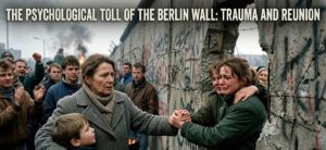 A poignant scene of family members reaching through a jagged hole in the Berlin Wall to hold hands. A crying young woman on one side grasps the hands of a solemn woman and child on the other, representing the emotional trauma and relief of reunification. The article title is written across the top.
