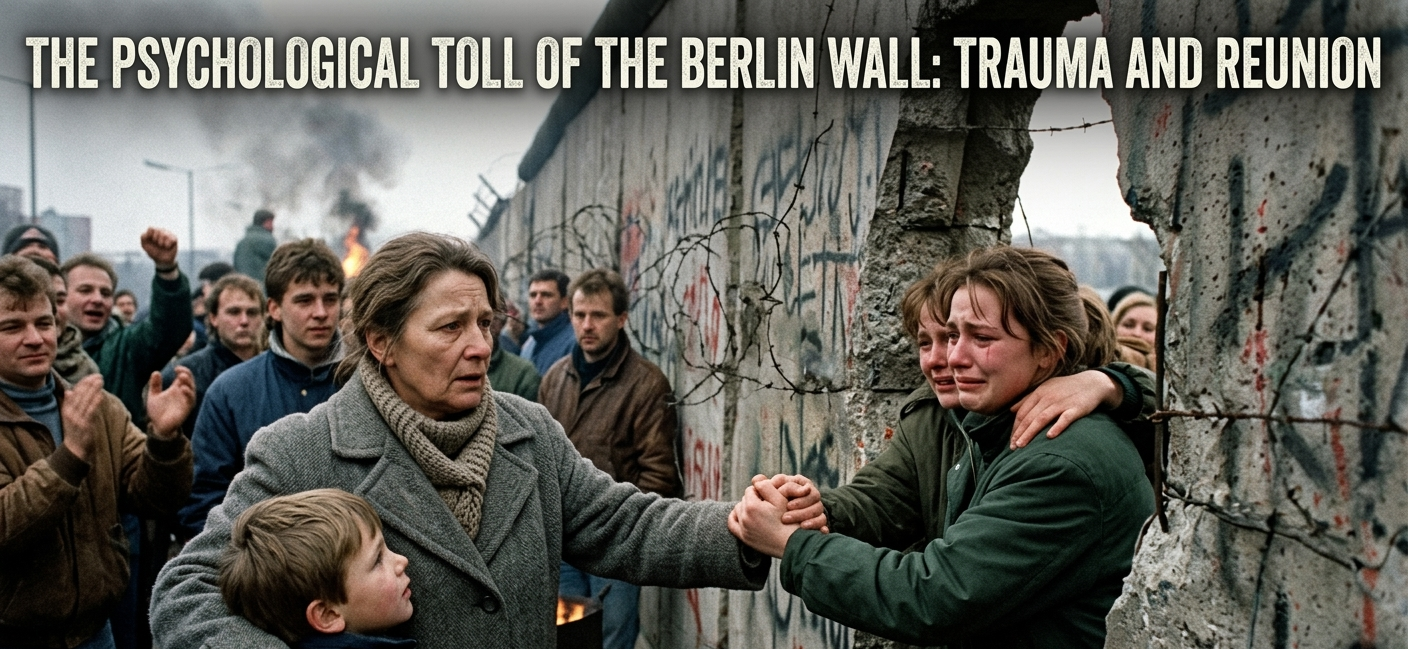 A poignant scene of family members reaching through a jagged hole in the Berlin Wall to hold hands. A crying young woman on one side grasps the hands of a solemn woman and child on the other, representing the emotional trauma and relief of reunification. The article title is written across the top.