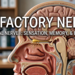 Anatomical cross-section of a human head illustrating the brain, nasal cavity, and the olfactory nerve pathway. The text "OLFACTORY NERVE: CRANIAL NERVE I: SENSATION, MEMORY, & EMOTION" is displayed prominently across the image over a blurred medical office background.