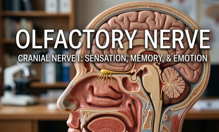 Anatomical cross-section of a human head illustrating the brain, nasal cavity, and the olfactory nerve pathway. The text "OLFACTORY NERVE: CRANIAL NERVE I: SENSATION, MEMORY, & EMOTION" is displayed prominently across the image over a blurred medical office background.