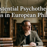 A pensive middle-aged male therapist or philosopher sitting at a rustic wooden desk in a classic European library, surrounded by tall bookshelves and stacks of vintage books. The text "Existential Psychotherapy: Origins in European Philosophy" is overlaid in a clean, professional serif font.