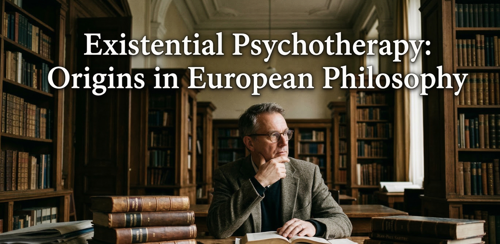 A pensive middle-aged male therapist or philosopher sitting at a rustic wooden desk in a classic European library, surrounded by tall bookshelves and stacks of vintage books. The text "Existential Psychotherapy: Origins in European Philosophy" is overlaid in a clean, professional serif font.