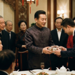 A younger man respectfully bowing and presenting a gift to a distinguished older man during a formal Chinese dinner, surrounded by smiling guests, illustrating the psychological concept of giving face (Mianzi).