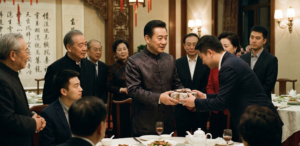 A younger man respectfully bowing and presenting a gift to a distinguished older man during a formal Chinese dinner, surrounded by smiling guests, illustrating the psychological concept of giving face (Mianzi).