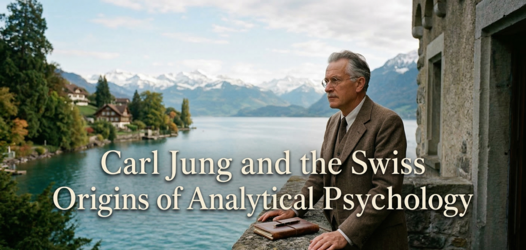 A realistic portrait of Carl Jung standing on a stone balcony overlooking a scenic Swiss lake and the Alps, with the text "Carl Jung and the Swiss Origins of Analytical Psychology" overlaid.
