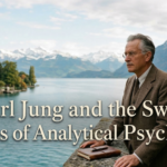 A realistic portrait of Carl Jung standing on a stone balcony overlooking a scenic Swiss lake and the Alps, with the text "Carl Jung and the Swiss Origins of Analytical Psychology" overlaid.