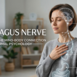 A serene woman practicing deep breathing with a glowing anatomical diagram overlay showing the vagus nerve connecting the brainstem, heart, and stomach. The text r