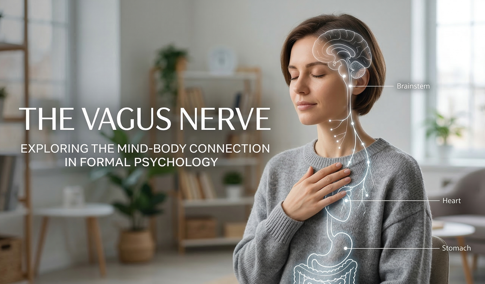 A serene woman practicing deep breathing with a glowing anatomical diagram overlay showing the vagus nerve connecting the brainstem, heart, and stomach. The text r
