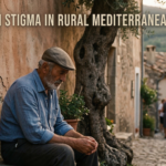 An older man sitting alone and looking downcast on a stone bench in a cobblestone Mediterranean village, while a group of people socializes in the blurred background. The image includes the text "Mental Health Stigma in Rural Mediterranean Communities."