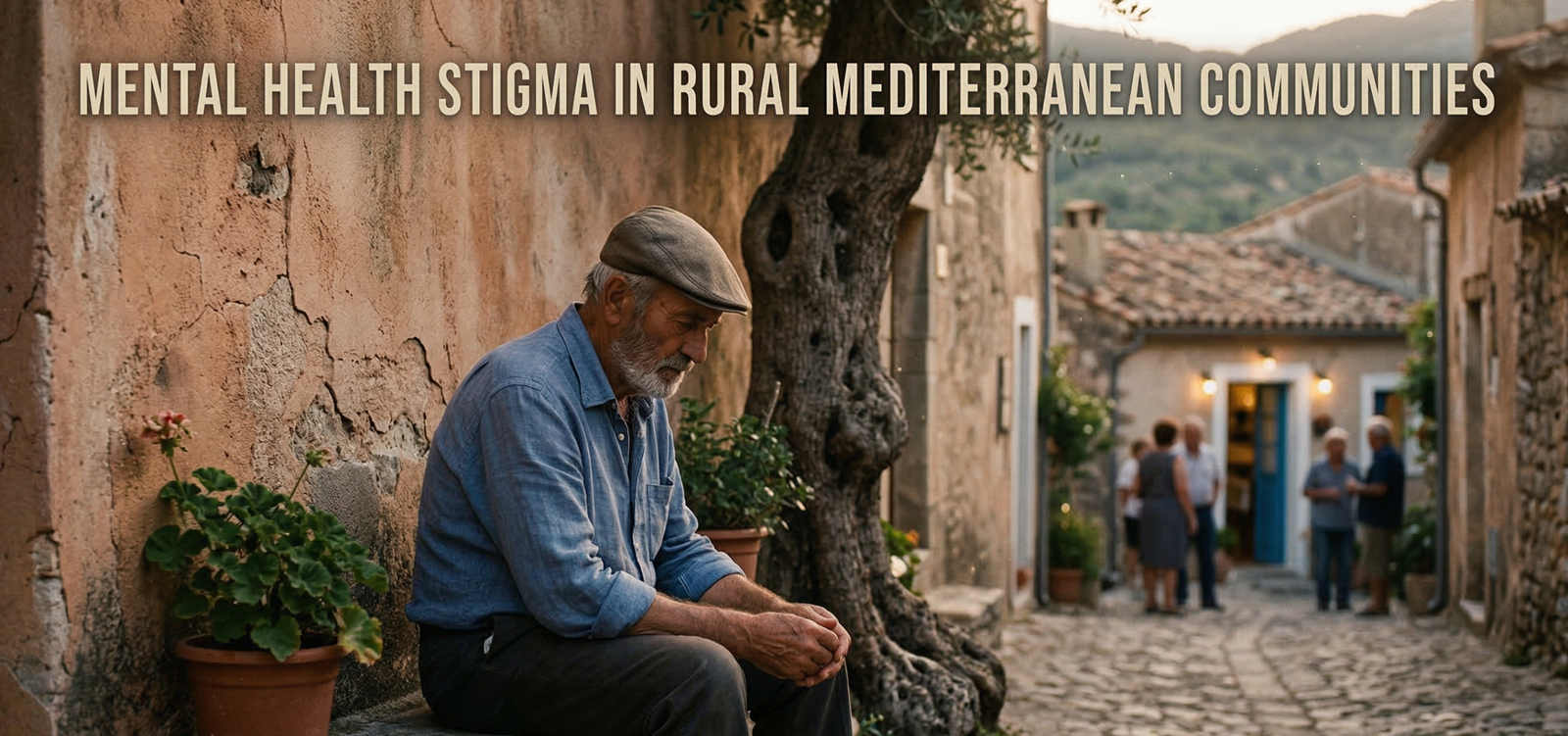 An older man sitting alone and looking downcast on a stone bench in a cobblestone Mediterranean village, while a group of people socializes in the blurred background. The image includes the text "Mental Health Stigma in Rural Mediterranean Communities."