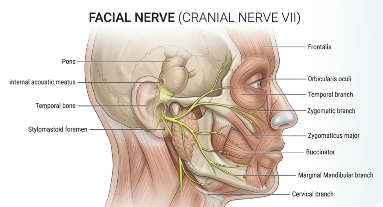 Medical illustration showing the anatomy of the facial nerve, also known as Cranial Nerve VII, including its origin in the brainstem and its major branches across the human face.