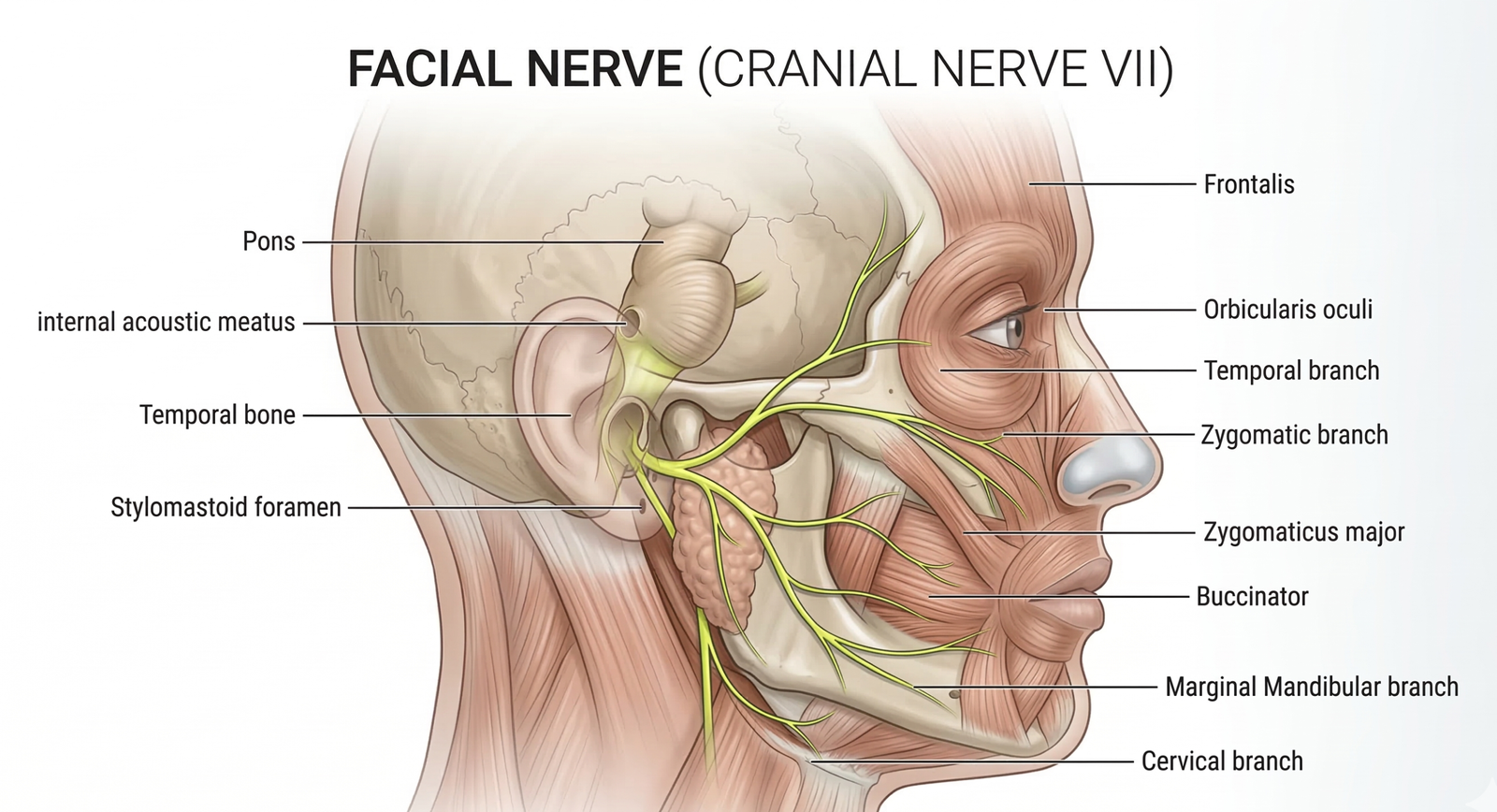 Medical illustration showing the anatomy of the facial nerve, also known as Cranial Nerve VII, including its origin in the brainstem and its major branches across the human face.