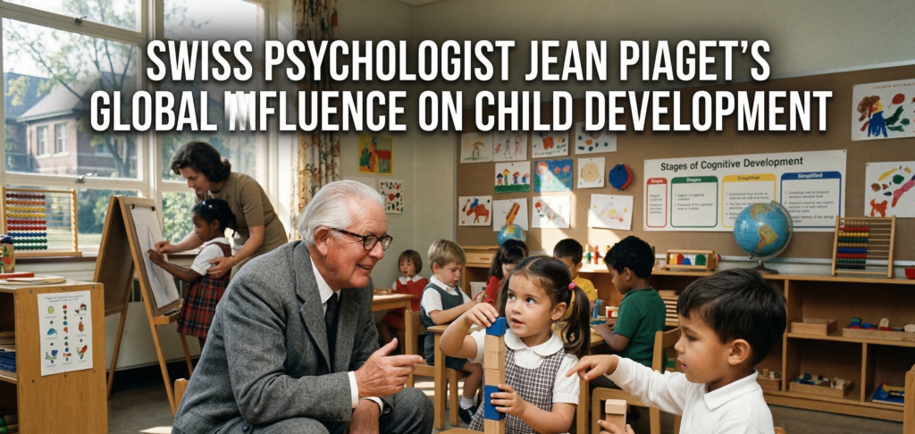 An older psychologist observing young children building with wooden blocks in a classroom, representing the constructivist learning approach of Jean Piaget child development theories.