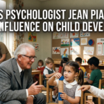 An older psychologist observing young children building with wooden blocks in a classroom, representing the constructivist learning approach of Jean Piaget child development theories.